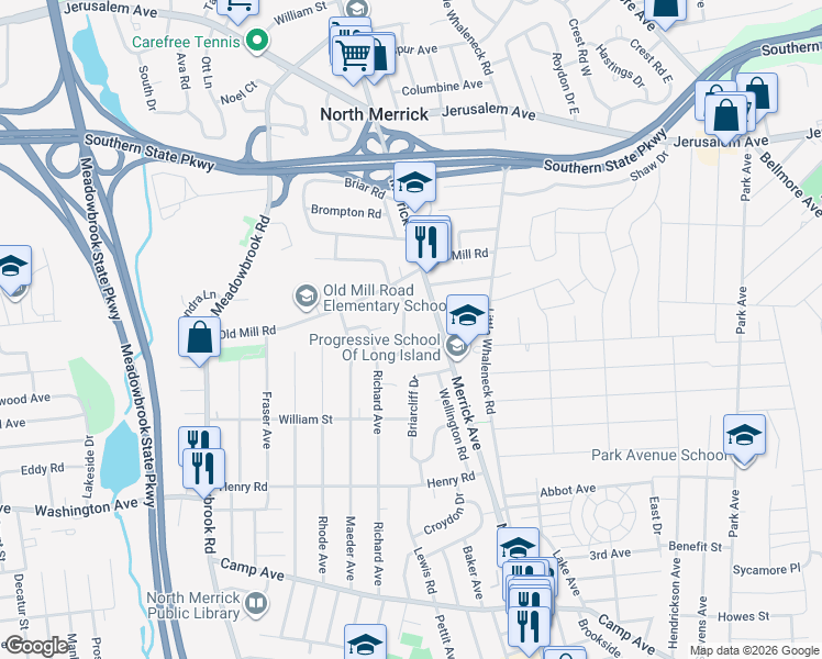 map of restaurants, bars, coffee shops, grocery stores, and more near 1414 Manor Court in Merrick