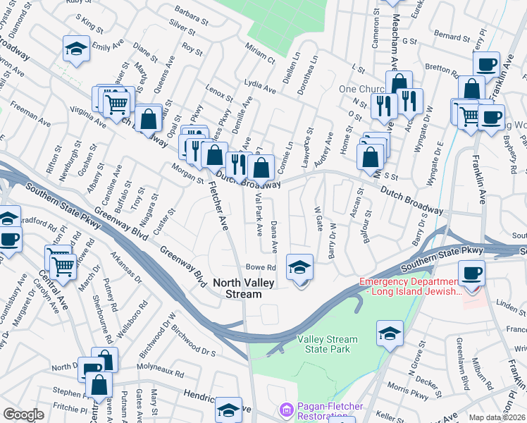 map of restaurants, bars, coffee shops, grocery stores, and more near 1528 Vista Road in Valley Stream