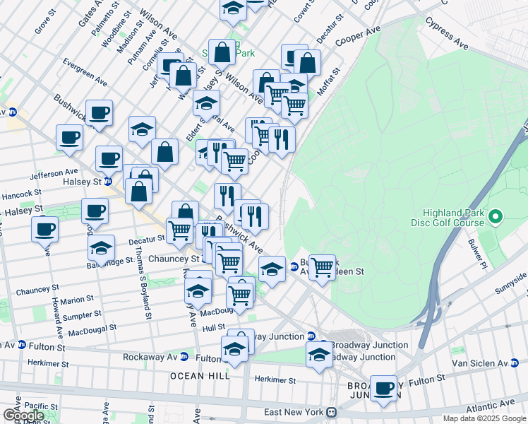 map of restaurants, bars, coffee shops, grocery stores, and more near 94 Pilling Street in Brooklyn