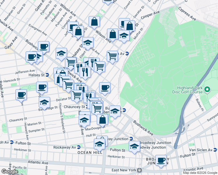 map of restaurants, bars, coffee shops, grocery stores, and more near in Brooklyn