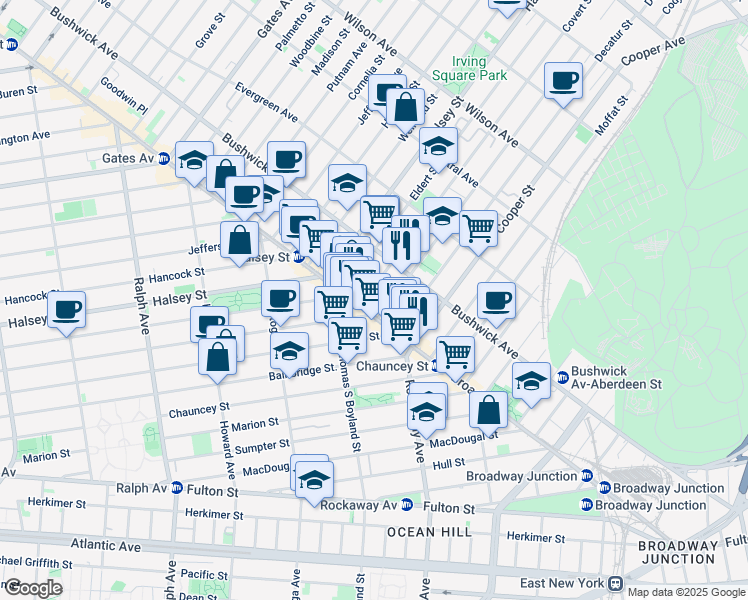 map of restaurants, bars, coffee shops, grocery stores, and more near 1671 Broadway in Brooklyn