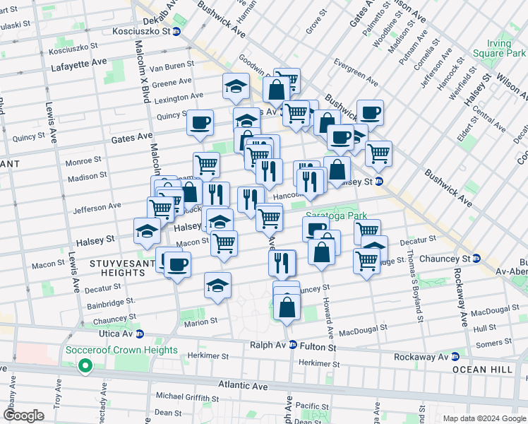 map of restaurants, bars, coffee shops, grocery stores, and more near 774 Halsey Street in Brooklyn