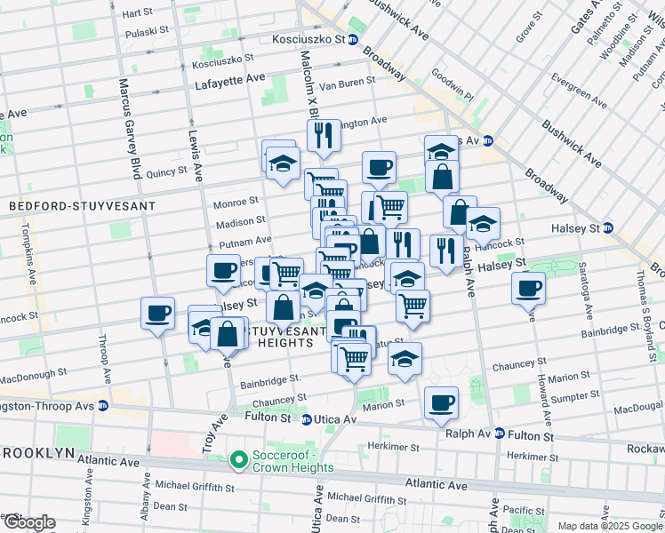 map of restaurants, bars, coffee shops, grocery stores, and more near 668 Hancock Street in Brooklyn