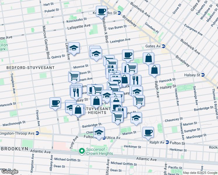 map of restaurants, bars, coffee shops, grocery stores, and more near 626 Hancock Street in Brooklyn