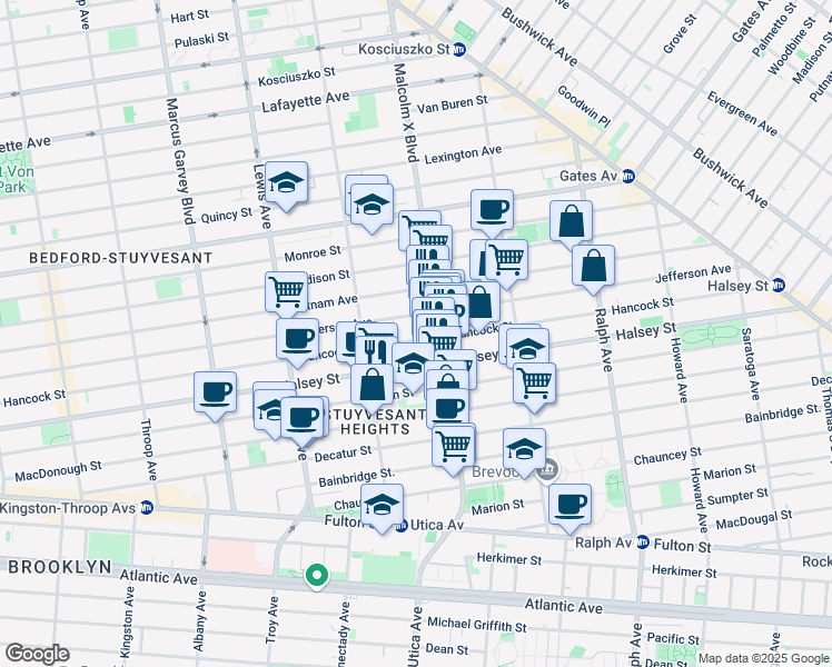 map of restaurants, bars, coffee shops, grocery stores, and more near 626 Hancock Street in Brooklyn