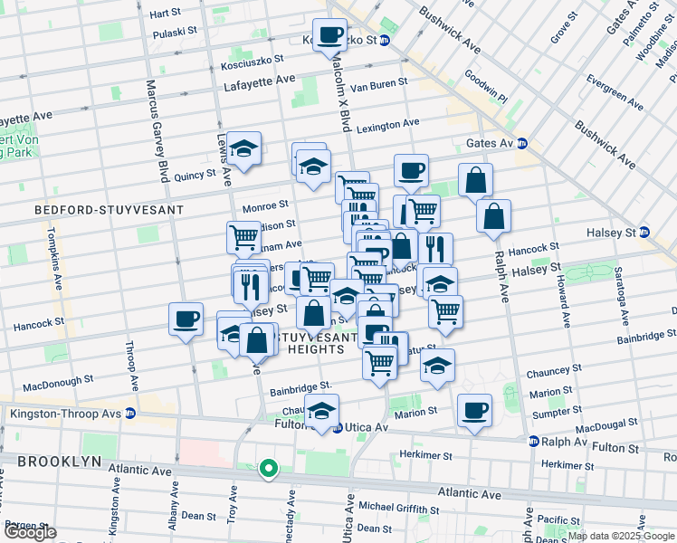 map of restaurants, bars, coffee shops, grocery stores, and more near 626 Hancock Street in Brooklyn