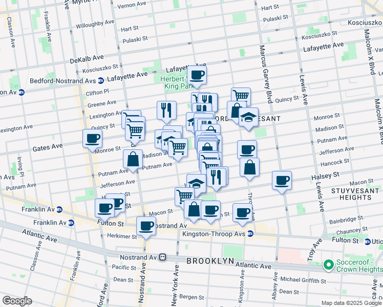 map of restaurants, bars, coffee shops, grocery stores, and more near 392 Putnam Avenue in Brooklyn
