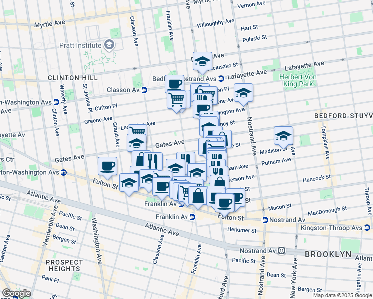 map of restaurants, bars, coffee shops, grocery stores, and more near 421 Franklin Avenue in Brooklyn