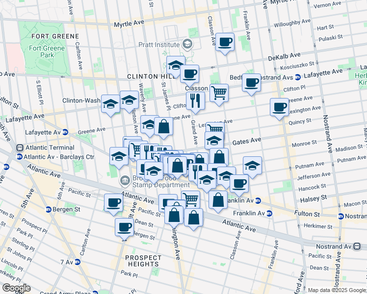 map of restaurants, bars, coffee shops, grocery stores, and more near 108 Gates Avenue in Brooklyn