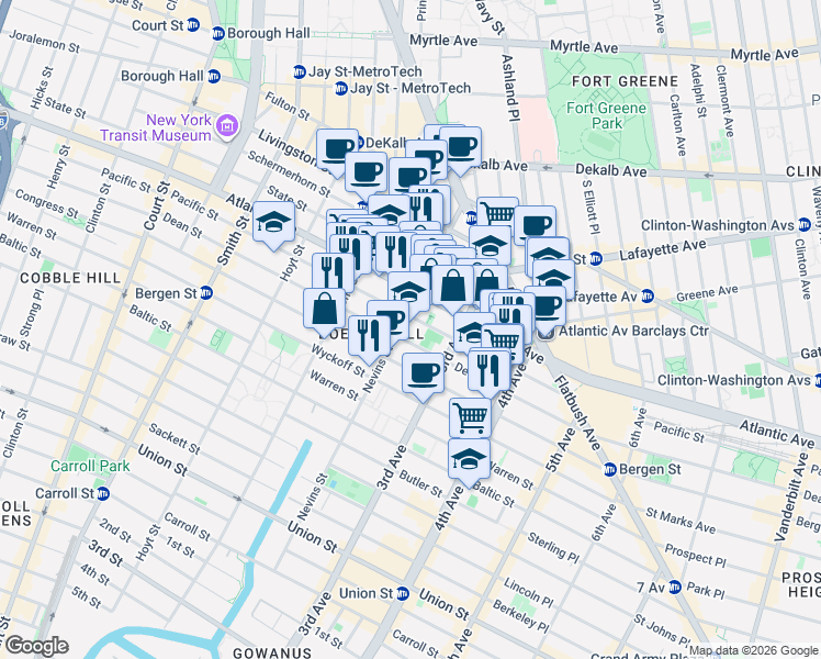 map of restaurants, bars, coffee shops, grocery stores, and more near 268 Dean Street in Brooklyn