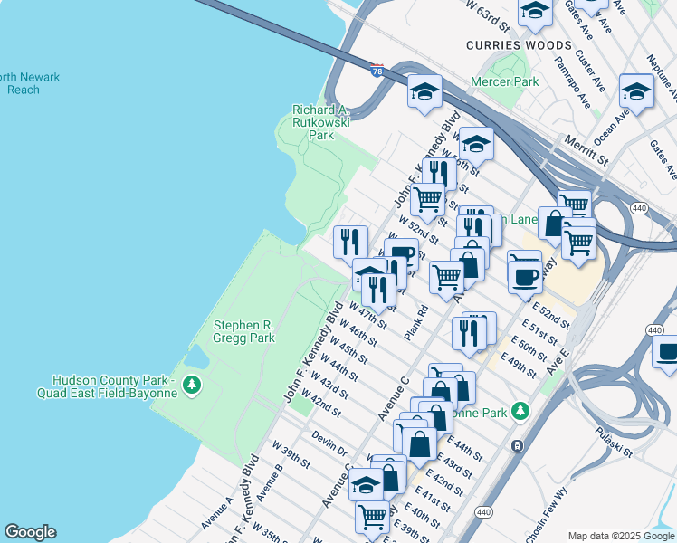 map of restaurants, bars, coffee shops, grocery stores, and more near 1111-3 Boulevard Plaza in Bayonne