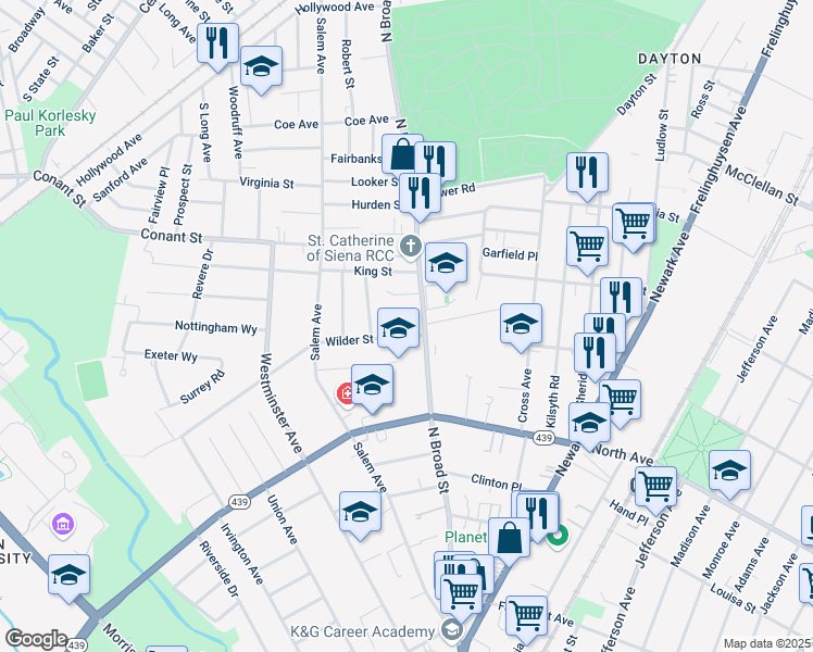 map of restaurants, bars, coffee shops, grocery stores, and more near 24 Wilder Street in Elizabeth