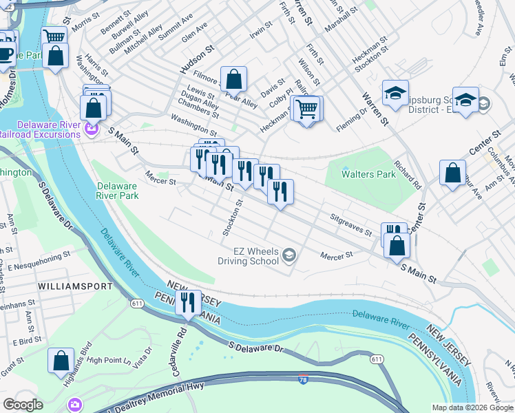 map of restaurants, bars, coffee shops, grocery stores, and more near 201 Mercer Street in Phillipsburg