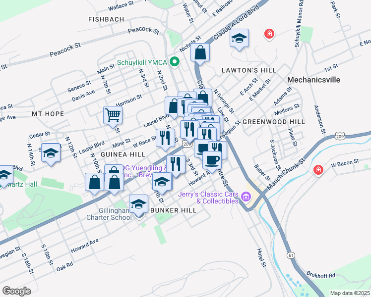 map of restaurants, bars, coffee shops, grocery stores, and more near 318 West Norwegian Street in Pottsville