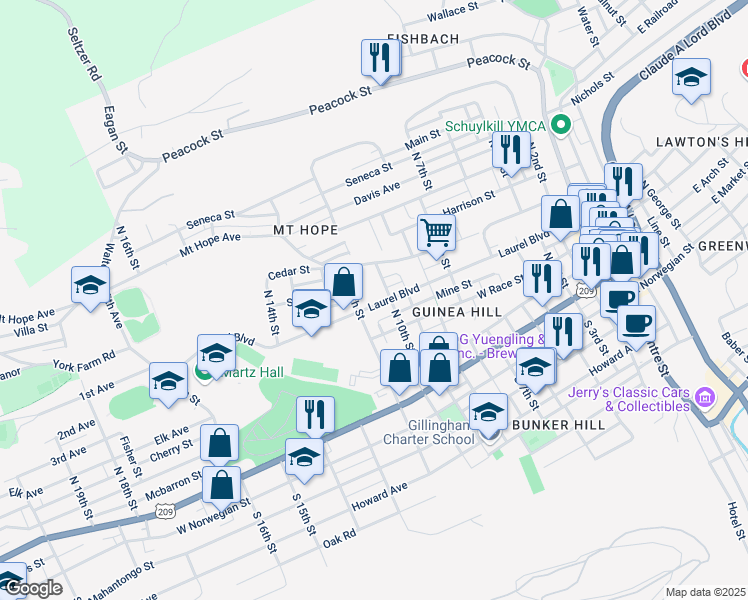 map of restaurants, bars, coffee shops, grocery stores, and more near 1038 Laurel Boulevard in Pottsville