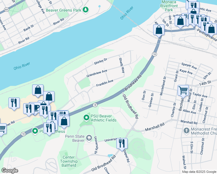 map of restaurants, bars, coffee shops, grocery stores, and more near 132 Franklin Avenue in Monaca