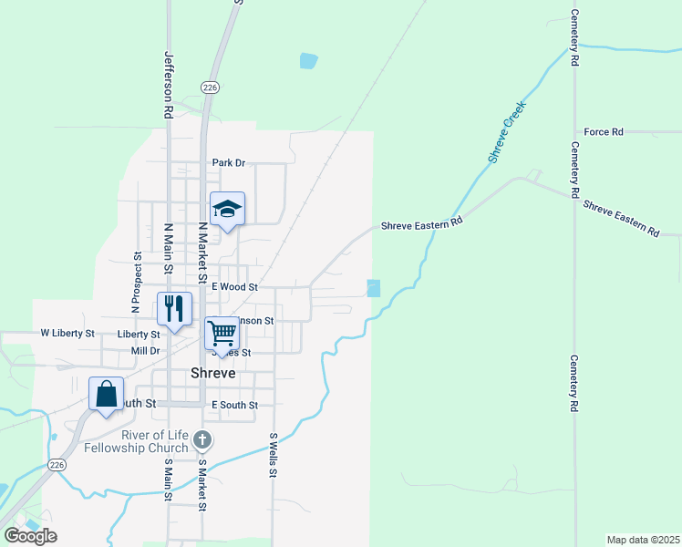 map of restaurants, bars, coffee shops, grocery stores, and more near 445 East Wood Street in Shreve