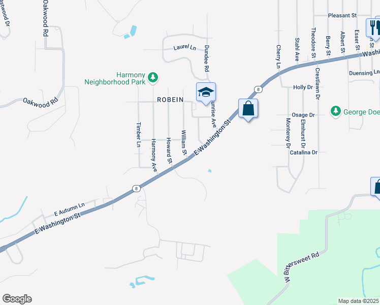 map of restaurants, bars, coffee shops, grocery stores, and more near 3900 East Washington Street in East Peoria