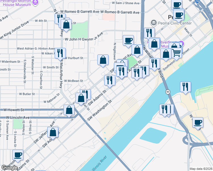 map of restaurants, bars, coffee shops, grocery stores, and more near 1001 Southwest Adams Street in Peoria