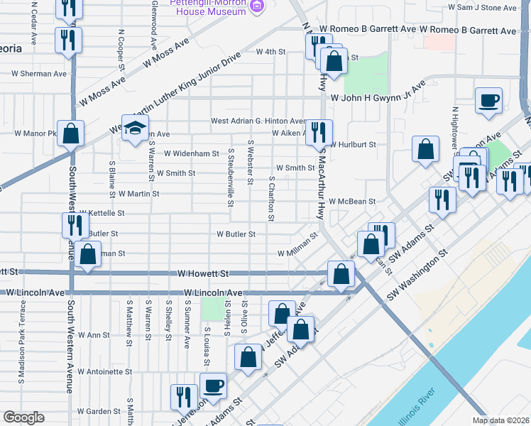map of restaurants, bars, coffee shops, grocery stores, and more near 1108 West Brotherson Street in Peoria