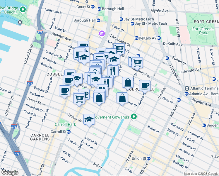 map of restaurants, bars, coffee shops, grocery stores, and more near 174 Hoyt Street in Brooklyn