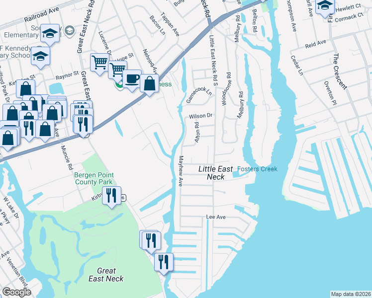 map of restaurants, bars, coffee shops, grocery stores, and more near 76 Mayhew Avenue in Babylon