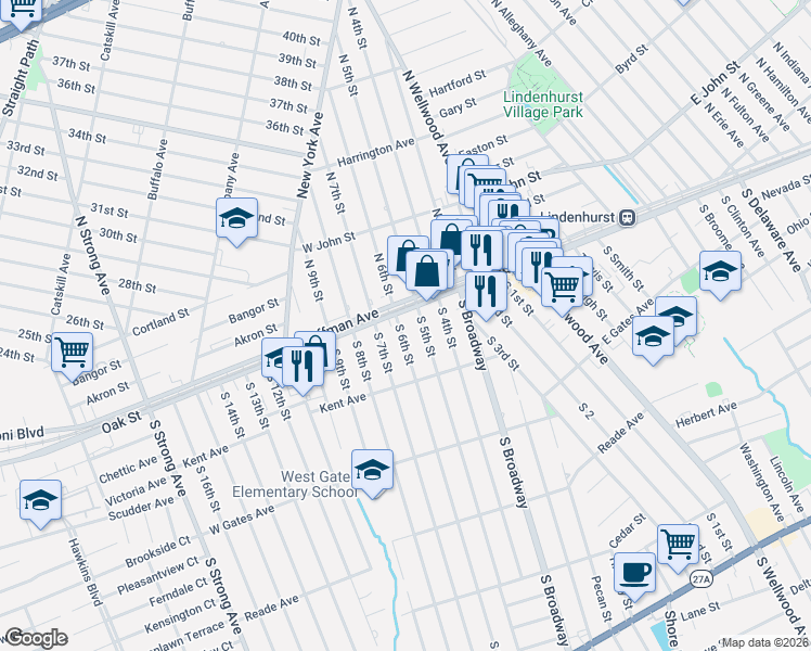 map of restaurants, bars, coffee shops, grocery stores, and more near 125 South 6th Street in Lindenhurst