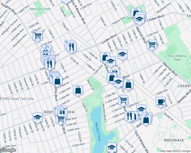 map of restaurants, bars, coffee shops, grocery stores, and more near 116-11 157th Street in Queens