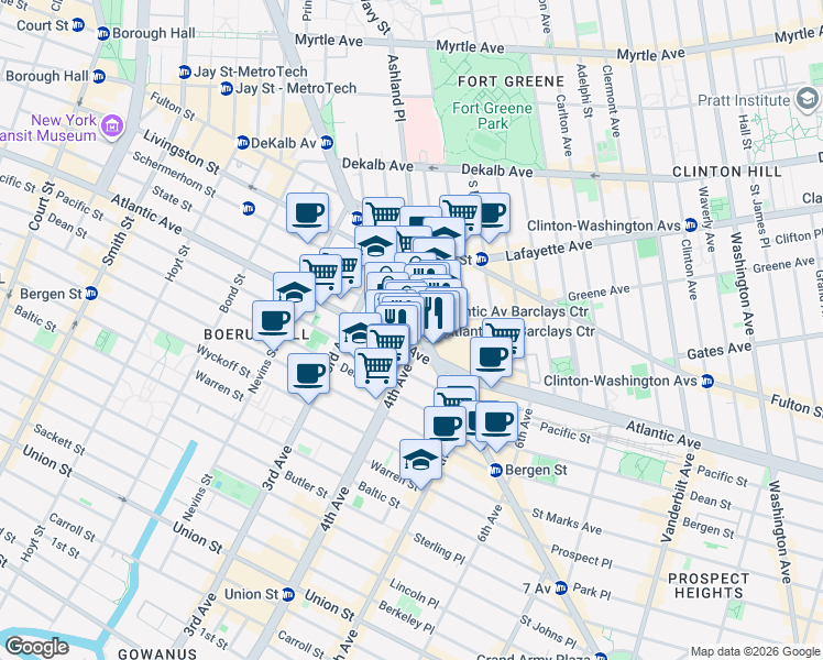 map of restaurants, bars, coffee shops, grocery stores, and more near 125 Flatbush Avenue in Brooklyn