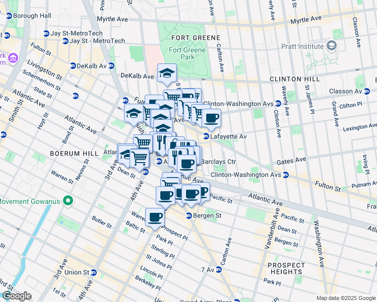 map of restaurants, bars, coffee shops, grocery stores, and more near 174 Fort Greene Place in Brooklyn