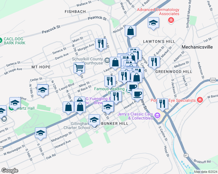 map of restaurants, bars, coffee shops, grocery stores, and more near 115 North 4th Street in Pottsville