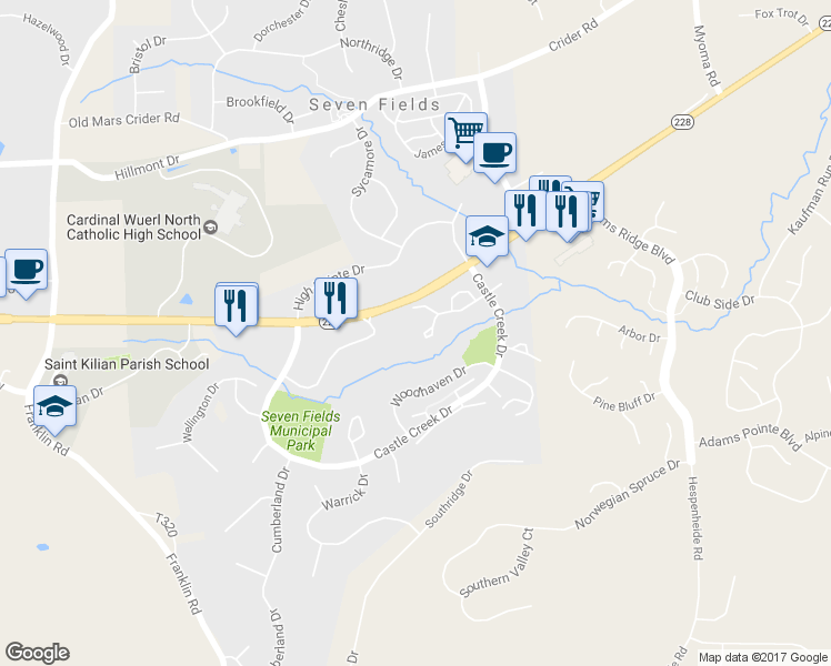 map of restaurants, bars, coffee shops, grocery stores, and more near 418 Brookside Court in Seven Fields