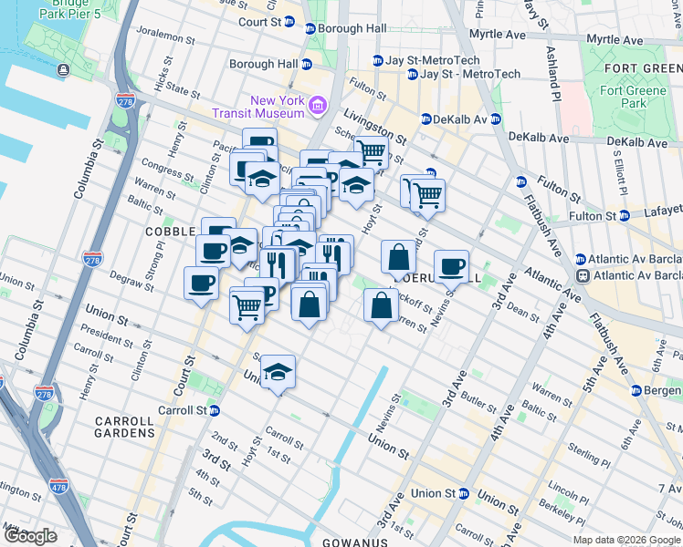 map of restaurants, bars, coffee shops, grocery stores, and more near 172 Hoyt Street in Brooklyn
