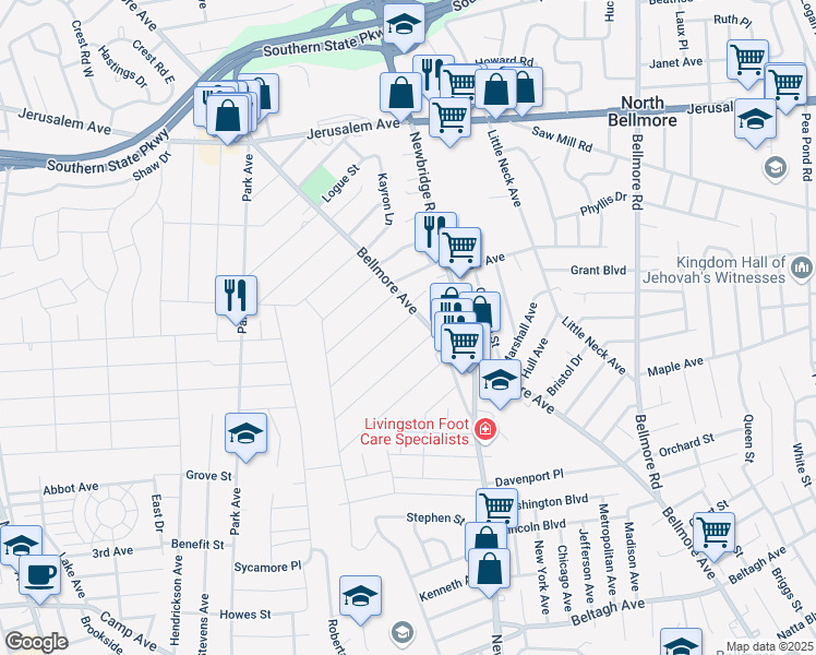 map of restaurants, bars, coffee shops, grocery stores, and more near 2376 Lincoln Street in North Bellmore