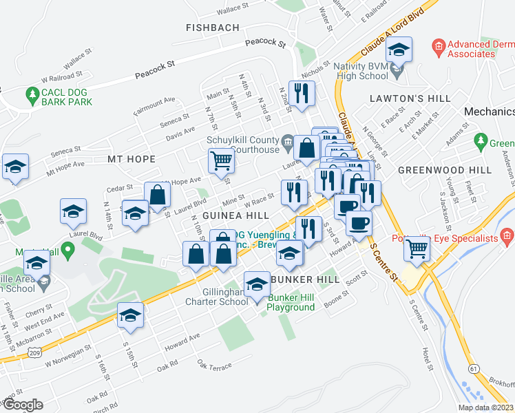 map of restaurants, bars, coffee shops, grocery stores, and more near 521 West Race Street in Pottsville
