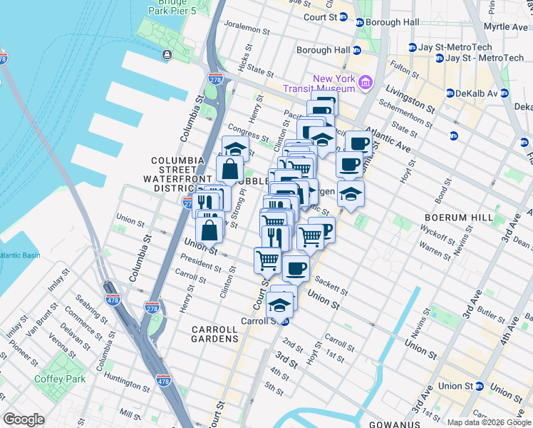 map of restaurants, bars, coffee shops, grocery stores, and more near 30 Tompkins Place in Brooklyn
