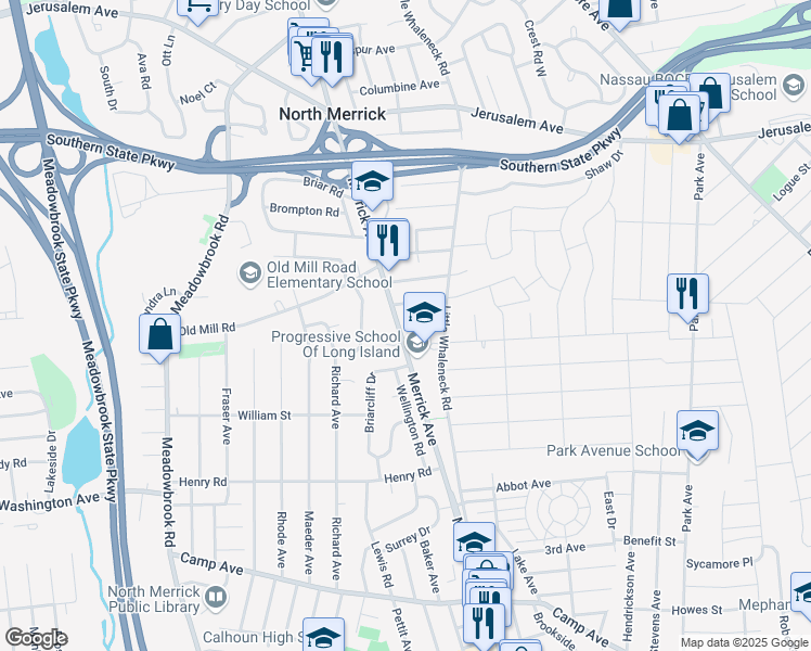 map of restaurants, bars, coffee shops, grocery stores, and more near 644 Merrick Avenue in Merrick