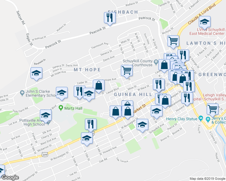 map of restaurants, bars, coffee shops, grocery stores, and more near 322 North 10th Street in Pottsville