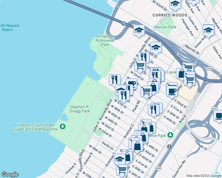 map of restaurants, bars, coffee shops, grocery stores, and more near 1111-3 Boulevard Plaza in Bayonne
