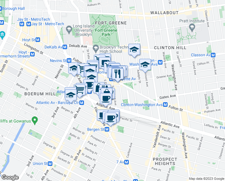 map of restaurants, bars, coffee shops, grocery stores, and more near 88 Hanson Place in Brooklyn