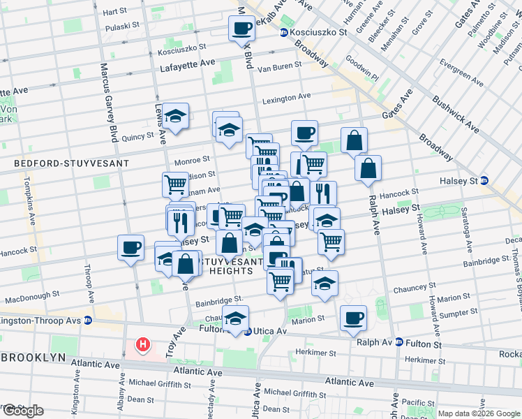 map of restaurants, bars, coffee shops, grocery stores, and more near 626 Hancock Street in Brooklyn