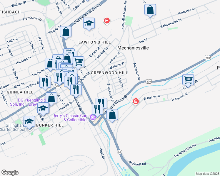 map of restaurants, bars, coffee shops, grocery stores, and more near 314 South Jackson Street in Pottsville