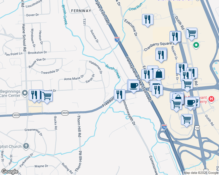 map of restaurants, bars, coffee shops, grocery stores, and more near 12 Pin Oak Court in Cranberry Township
