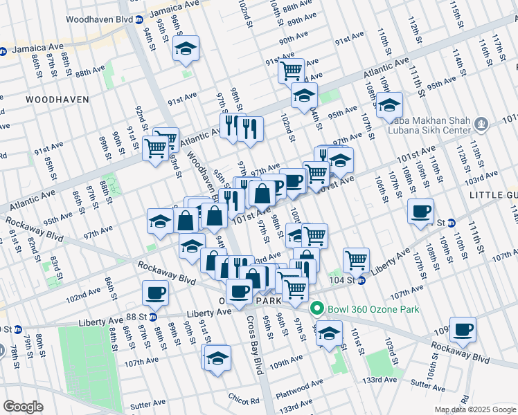 map of restaurants, bars, coffee shops, grocery stores, and more near 101-12 98th Street in Queens