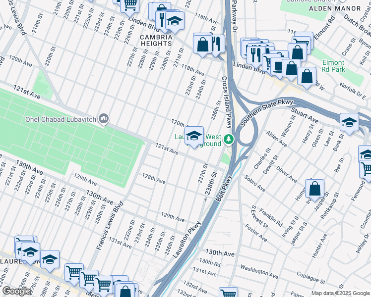 map of restaurants, bars, coffee shops, grocery stores, and more near 121-03 234th Street in Queens