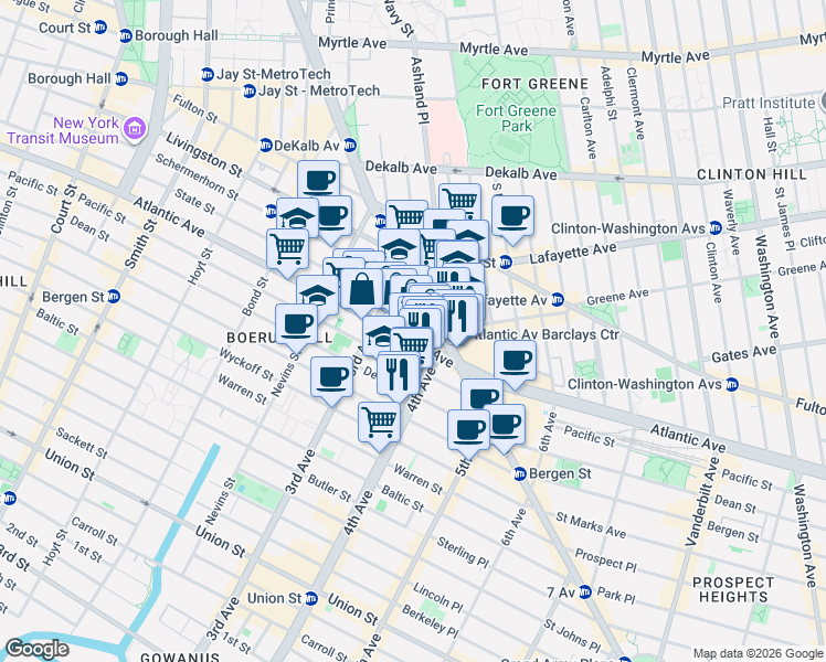 map of restaurants, bars, coffee shops, grocery stores, and more near 545 Atlantic Avenue in Brooklyn