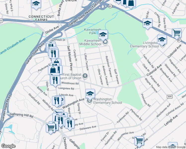 map of restaurants, bars, coffee shops, grocery stores, and more near 529 Homer Terrace in Union