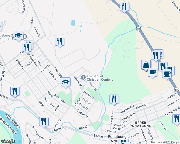 map of restaurants, bars, coffee shops, grocery stores, and more near 931 Gates Street in Phillipsburg