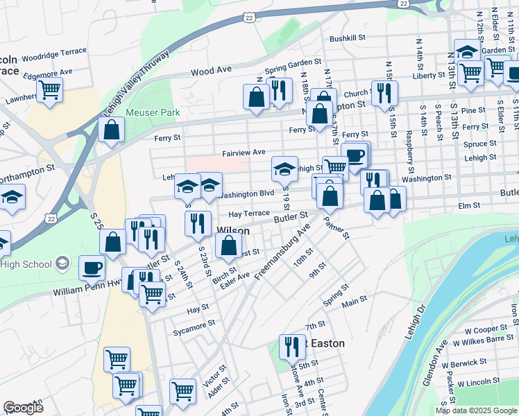 map of restaurants, bars, coffee shops, grocery stores, and more near 1945 Hay Terrace in Easton