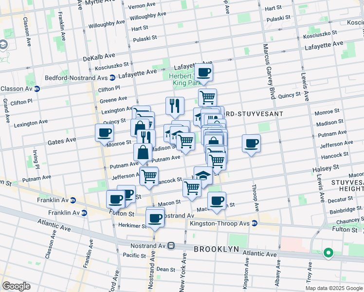 map of restaurants, bars, coffee shops, grocery stores, and more near 832 Marcy Avenue in Brooklyn